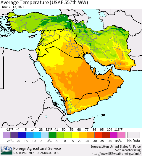 Middle East and Turkey Average Temperature (USAF 557th WW) Thematic Map For 11/7/2022 - 11/13/2022