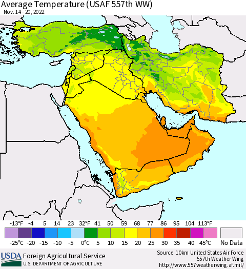 Middle East and Turkey Average Temperature (USAF 557th WW) Thematic Map For 11/14/2022 - 11/20/2022