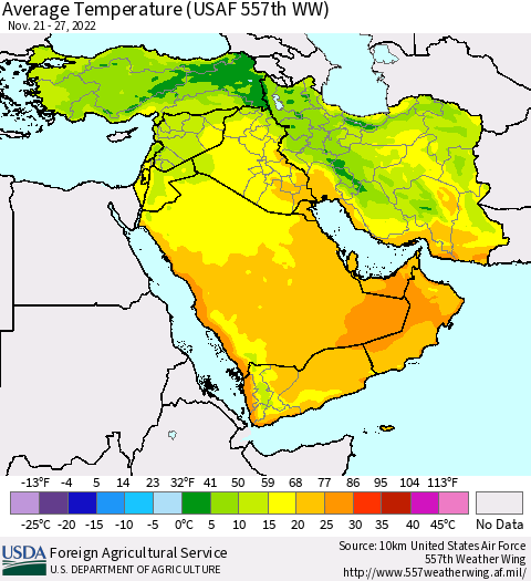 Middle East and Turkey Average Temperature (USAF 557th WW) Thematic Map For 11/21/2022 - 11/27/2022