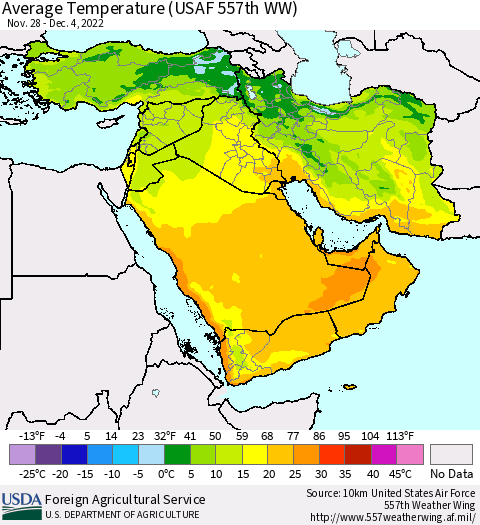 Middle East and Turkey Average Temperature (USAF 557th WW) Thematic Map For 11/28/2022 - 12/4/2022