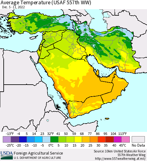 Middle East and Turkey Average Temperature (USAF 557th WW) Thematic Map For 12/5/2022 - 12/11/2022