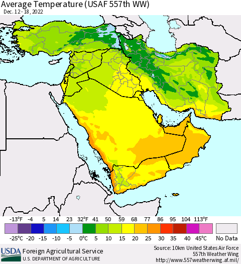 Middle East and Turkey Average Temperature (USAF 557th WW) Thematic Map For 12/12/2022 - 12/18/2022