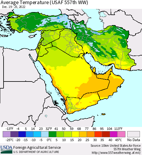 Middle East and Turkey Average Temperature (USAF 557th WW) Thematic Map For 12/19/2022 - 12/25/2022