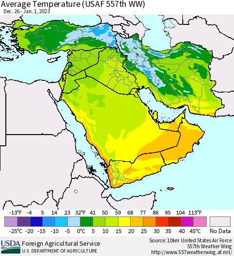 Middle East and Turkey Average Temperature (USAF 557th WW) Thematic Map For 12/26/2022 - 1/1/2023