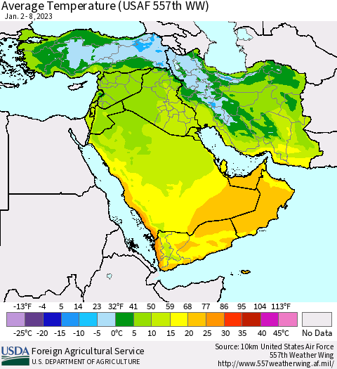 Middle East and Turkey Average Temperature (USAF 557th WW) Thematic Map For 1/2/2023 - 1/8/2023
