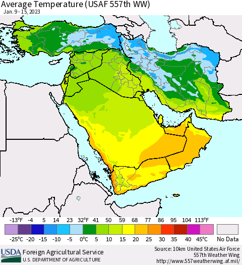 Middle East and Turkey Average Temperature (USAF 557th WW) Thematic Map For 1/9/2023 - 1/15/2023