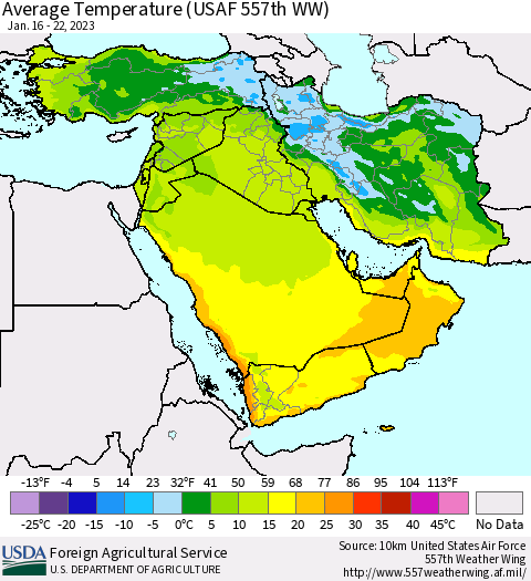 Middle East and Turkey Average Temperature (USAF 557th WW) Thematic Map For 1/16/2023 - 1/22/2023