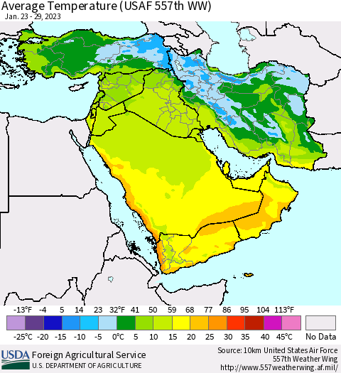 Middle East and Turkey Average Temperature (USAF 557th WW) Thematic Map For 1/23/2023 - 1/29/2023