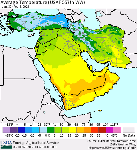 Middle East and Turkey Average Temperature (USAF 557th WW) Thematic Map For 1/30/2023 - 2/5/2023