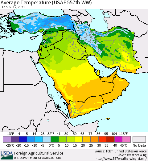 Middle East and Turkey Average Temperature (USAF 557th WW) Thematic Map For 2/6/2023 - 2/12/2023