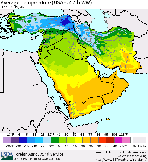 Middle East and Turkey Average Temperature (USAF 557th WW) Thematic Map For 2/13/2023 - 2/19/2023