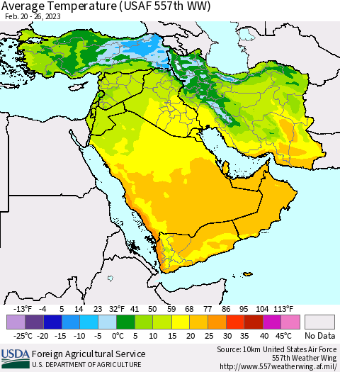Middle East and Turkey Average Temperature (USAF 557th WW) Thematic Map For 2/20/2023 - 2/26/2023