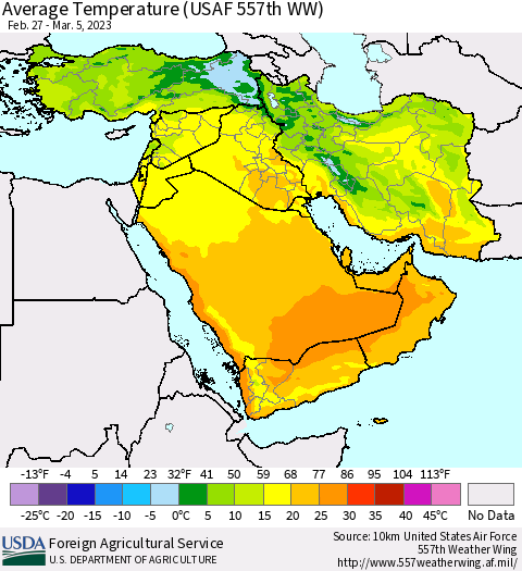 Middle East and Turkey Average Temperature (USAF 557th WW) Thematic Map For 2/27/2023 - 3/5/2023