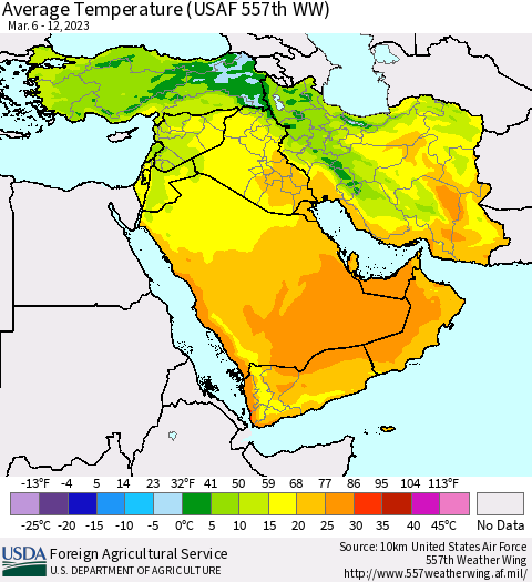 Middle East and Turkey Average Temperature (USAF 557th WW) Thematic Map For 3/6/2023 - 3/12/2023