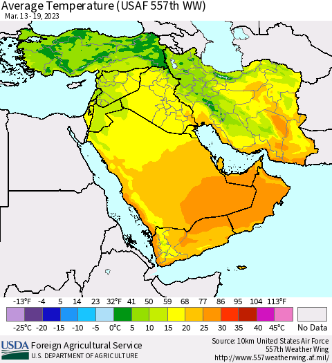 Middle East and Turkey Average Temperature (USAF 557th WW) Thematic Map For 3/13/2023 - 3/19/2023