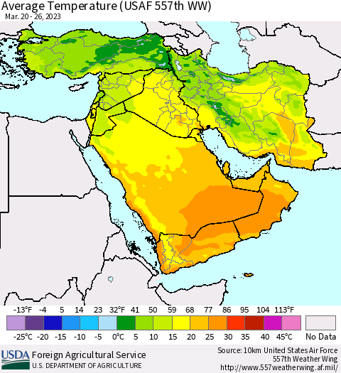 Middle East and Turkey Average Temperature (USAF 557th WW) Thematic Map For 3/20/2023 - 3/26/2023
