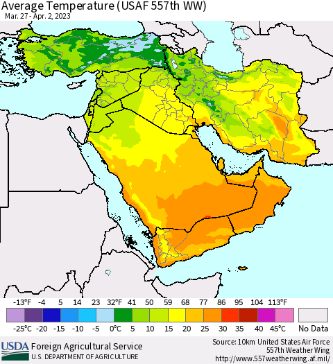 Middle East and Turkey Average Temperature (USAF 557th WW) Thematic Map For 3/27/2023 - 4/2/2023