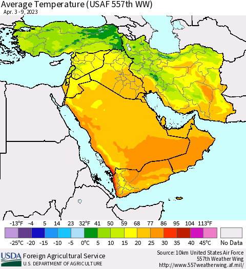 Middle East and Turkey Average Temperature (USAF 557th WW) Thematic Map For 4/3/2023 - 4/9/2023