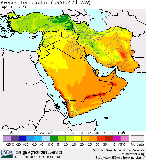 Middle East and Turkey Average Temperature (USAF 557th WW) Thematic Map For 4/10/2023 - 4/16/2023