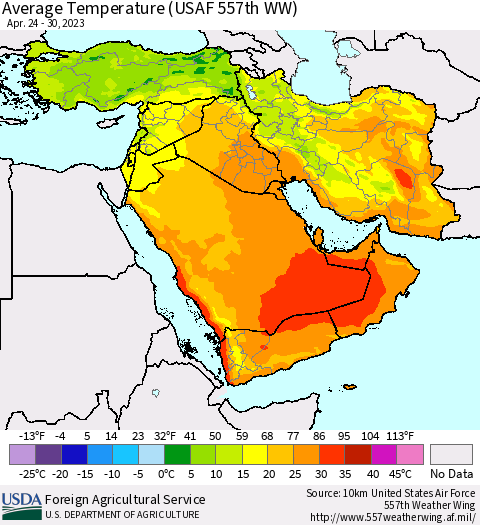 Middle East and Turkey Average Temperature (USAF 557th WW) Thematic Map For 4/24/2023 - 4/30/2023