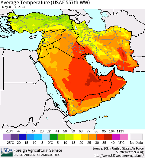 Middle East and Turkey Average Temperature (USAF 557th WW) Thematic Map For 5/8/2023 - 5/14/2023