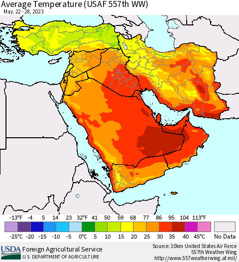 Middle East and Turkey Average Temperature (USAF 557th WW) Thematic Map For 5/22/2023 - 5/28/2023