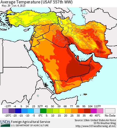 Middle East and Turkey Average Temperature (USAF 557th WW) Thematic Map For 5/29/2023 - 6/4/2023