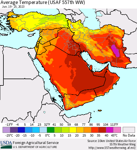 Middle East and Turkey Average Temperature (USAF 557th WW) Thematic Map For 6/19/2023 - 6/25/2023