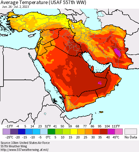 Middle East and Turkey Average Temperature (USAF 557th WW) Thematic Map For 6/26/2023 - 7/2/2023