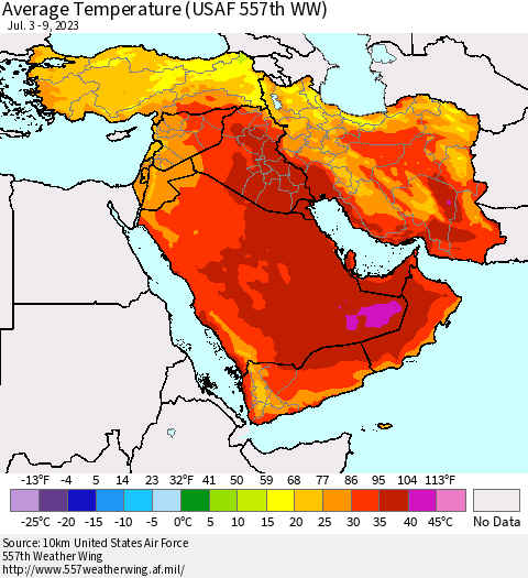 Middle East and Turkey Average Temperature (USAF 557th WW) Thematic Map For 7/3/2023 - 7/9/2023