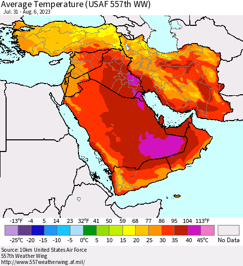 Middle East and Turkey Average Temperature (USAF 557th WW) Thematic Map For 7/31/2023 - 8/6/2023