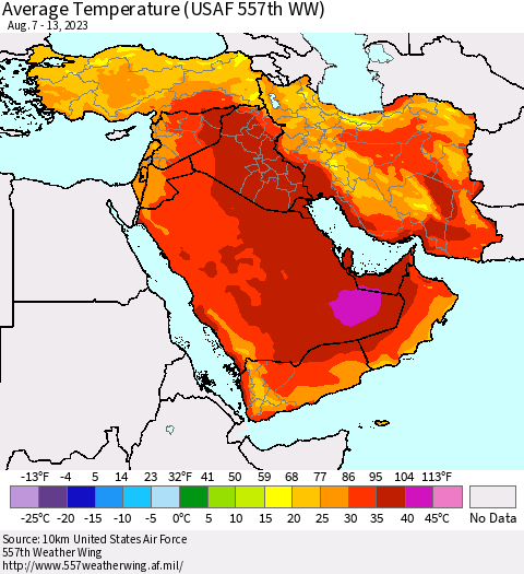 Middle East and Turkey Average Temperature (USAF 557th WW) Thematic Map For 8/7/2023 - 8/13/2023