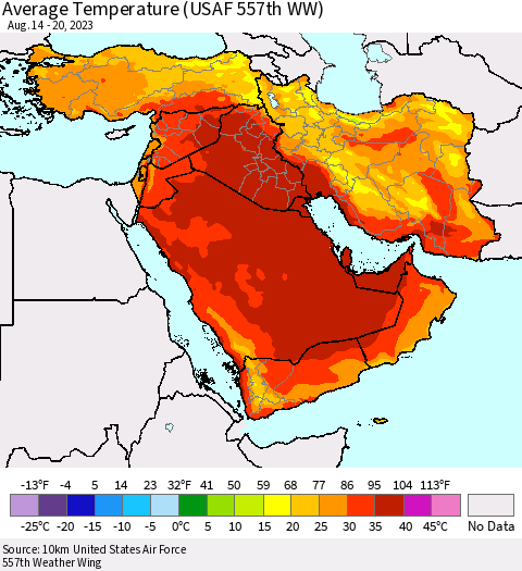 Middle East and Turkey Average Temperature (USAF 557th WW) Thematic Map For 8/14/2023 - 8/20/2023
