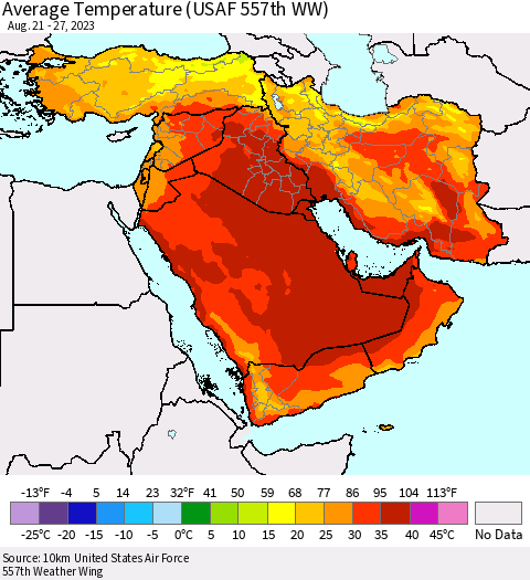 Middle East and Turkey Average Temperature (USAF 557th WW) Thematic Map For 8/21/2023 - 8/27/2023