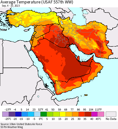 Middle East and Turkey Average Temperature (USAF 557th WW) Thematic Map For 9/4/2023 - 9/10/2023