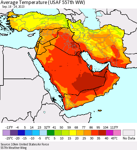 Middle East and Turkey Average Temperature (USAF 557th WW) Thematic Map For 9/18/2023 - 9/24/2023