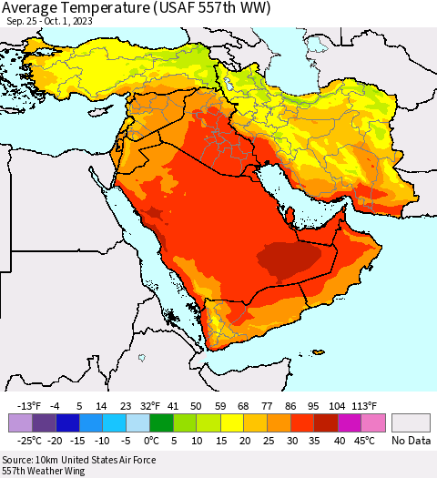 Middle East and Turkey Average Temperature (USAF 557th WW) Thematic Map For 9/25/2023 - 10/1/2023