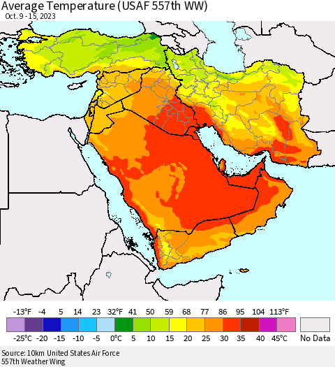 Middle East and Turkey Average Temperature (USAF 557th WW) Thematic Map For 10/9/2023 - 10/15/2023
