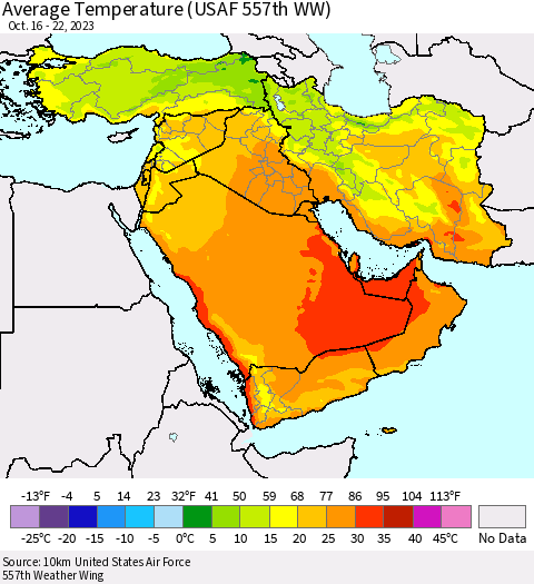 Middle East and Turkey Average Temperature (USAF 557th WW) Thematic Map For 10/16/2023 - 10/22/2023
