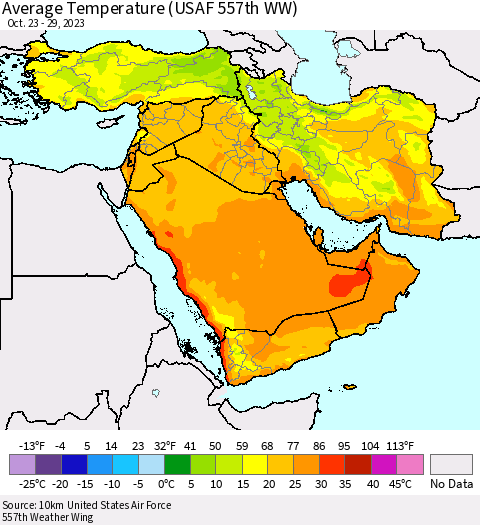 Middle East and Turkey Average Temperature (USAF 557th WW) Thematic Map For 10/23/2023 - 10/29/2023