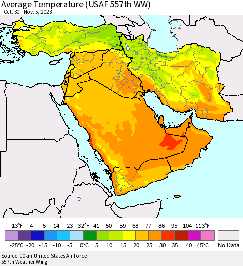 Middle East and Turkey Average Temperature (USAF 557th WW) Thematic Map For 10/30/2023 - 11/5/2023