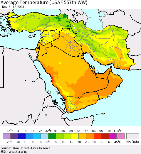 Middle East and Turkey Average Temperature (USAF 557th WW) Thematic Map For 11/6/2023 - 11/12/2023