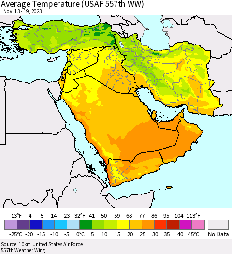 Middle East and Turkey Average Temperature (USAF 557th WW) Thematic Map For 11/13/2023 - 11/19/2023