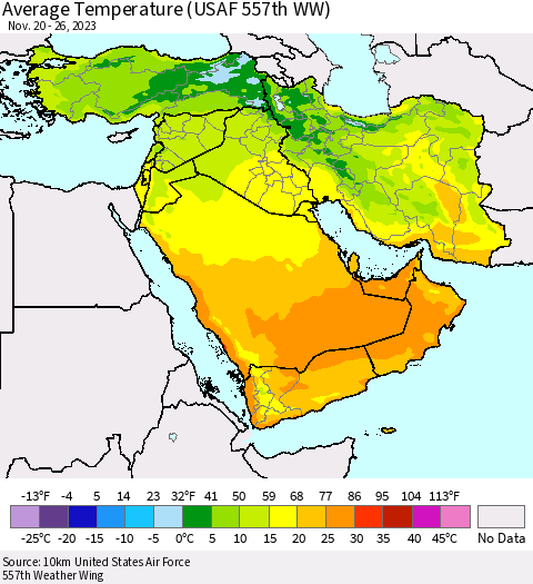 Middle East and Turkey Average Temperature (USAF 557th WW) Thematic Map For 11/20/2023 - 11/26/2023