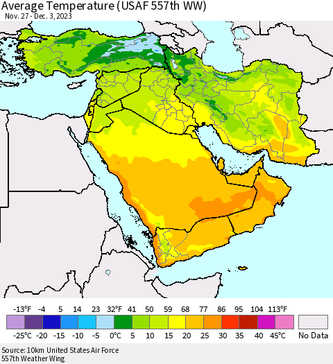 Middle East and Turkey Average Temperature (USAF 557th WW) Thematic Map For 11/27/2023 - 12/3/2023