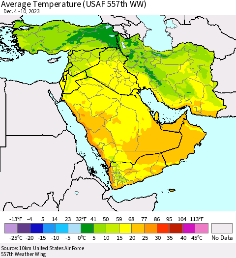 Middle East and Turkey Average Temperature (USAF 557th WW) Thematic Map For 12/4/2023 - 12/10/2023