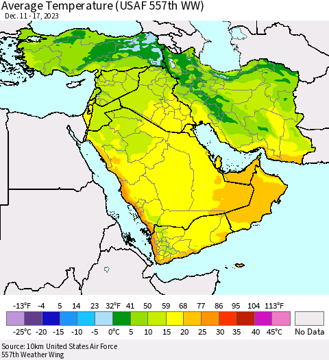 Middle East and Turkey Average Temperature (USAF 557th WW) Thematic Map For 12/11/2023 - 12/17/2023