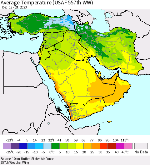 Middle East and Turkey Average Temperature (USAF 557th WW) Thematic Map For 12/18/2023 - 12/24/2023