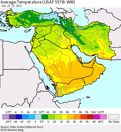 Middle East and Turkey Average Temperature (USAF 557th WW) Thematic Map For 12/25/2023 - 12/31/2023