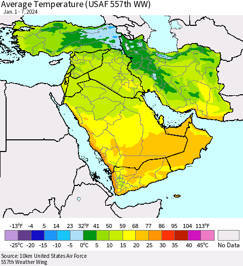 Middle East and Turkey Average Temperature (USAF 557th WW) Thematic Map For 1/1/2024 - 1/7/2024